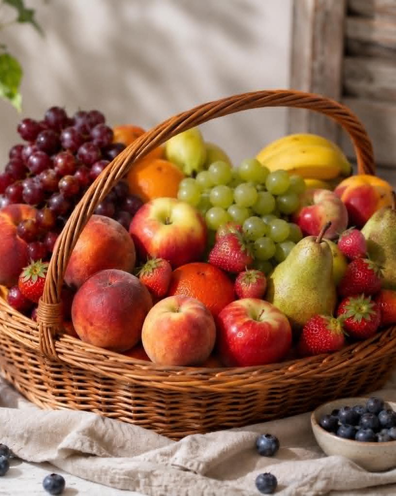 Round wicker basket overflowing with fresh fruit — grapes, peaches, apples, pears, strawberries and citrus