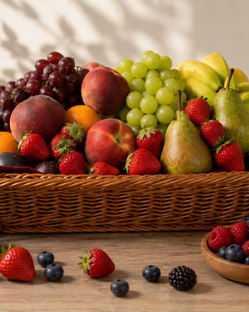 Wicker basket filled with fresh fruit and berries — pears, peaches, grapes, bananas and strawberries