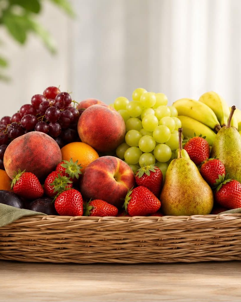 Corbeille basse de fruits frais dans une lumière claire et naturelle — pêches, raisins, poires, bananes et fraises