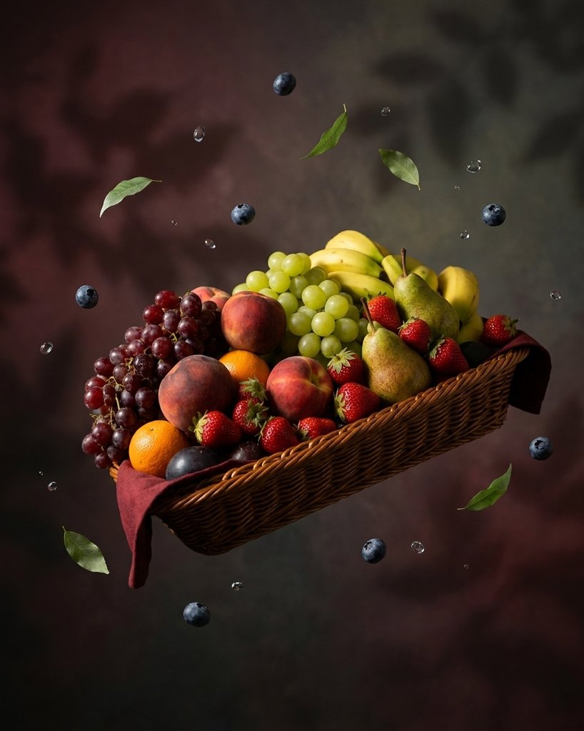 Corbeille de fruits en pleine éclosion sur fond sombre, fruits et feuilles en suspension — raisins, pêches, poires et petits fruits