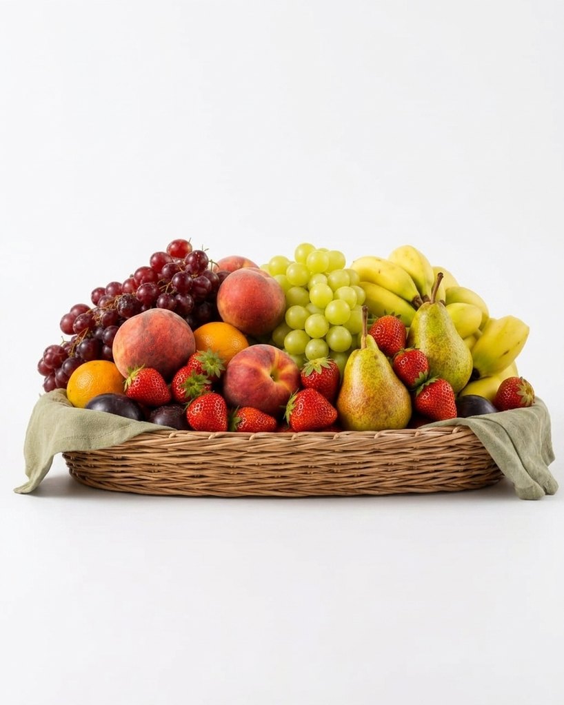 Corbeille de fruits frais sur fond blanc épuré — raisins, pêches, poires, bananes et fraises
