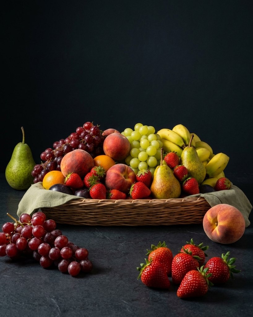 Corbeille de fruits sur fond charbon, ambiance feutrée — poire, raisins, pêches et fraises disposés autour